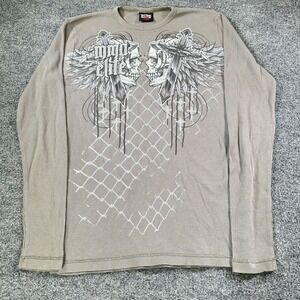 VTG MMA Elite Thermal Shirt Mens Medium Gray Waffle Knit Wings Skulls Cross Y2K